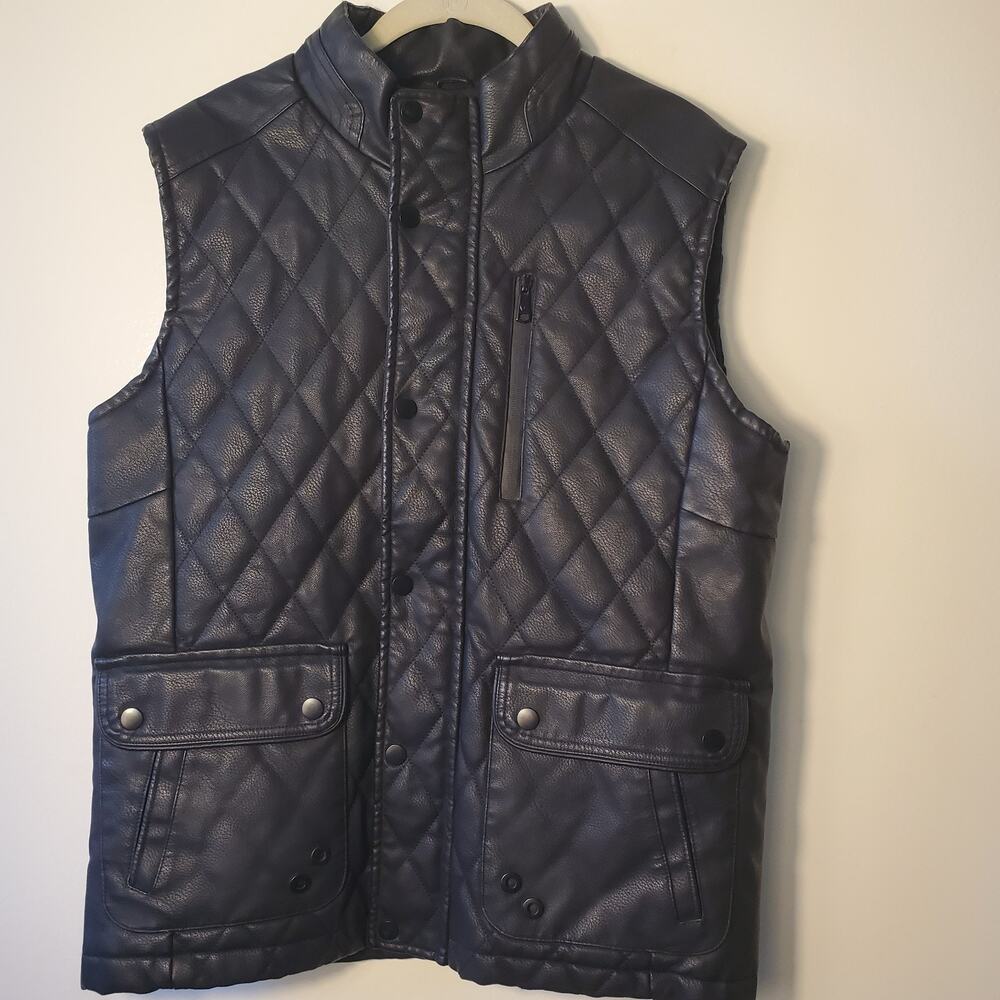 Fried Denim Quilted Vest Mens M Black Full Zip Snap Gorpcore Faux Leather Pocket